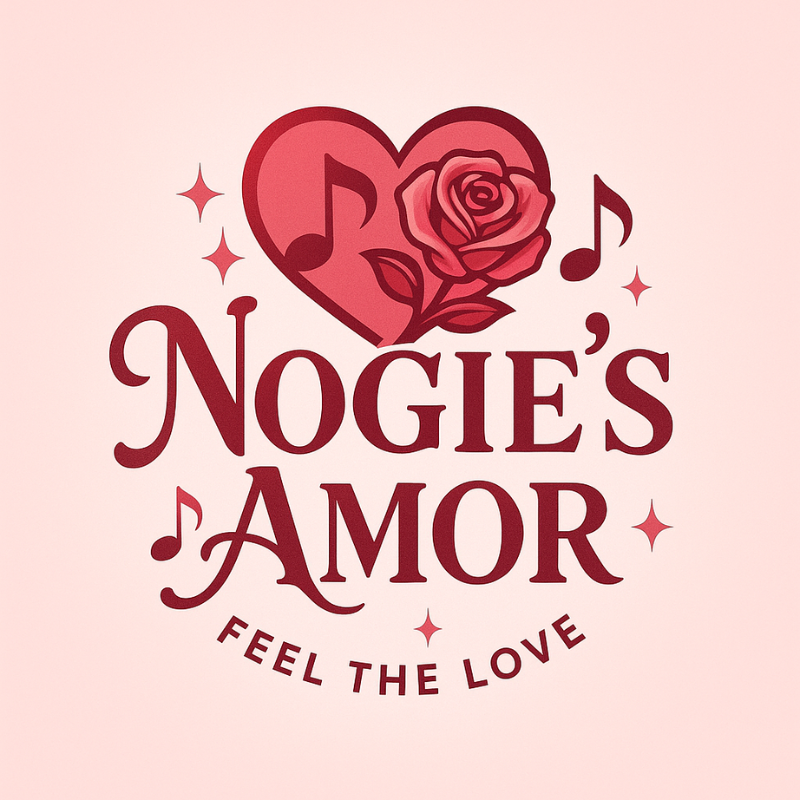 Elegant logo for Nogie’s Amor featuring a heart with a rose and music notes, styled in romantic red and pink tones with the tagline "Feel the Love."