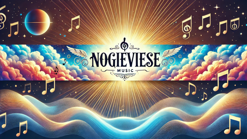 A vibrant music-themed banner with the text "NOGIEVIESE MUSIC" surrounded by clouds, musical notes, and celestial elements like a glowing sun and planet.